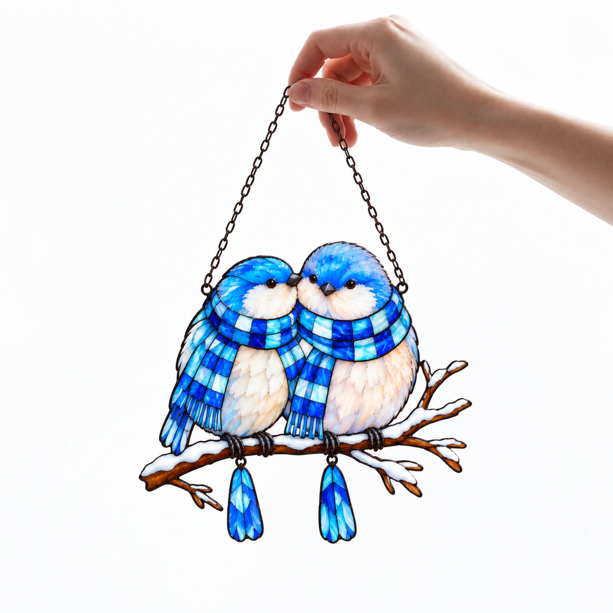 Bluebird Couple in Plaid Scarves on a Snowy Branch Holographic Acrylic Suncatcher