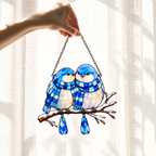 Bluebird Couple in Plaid Scarves on a Snowy Branch Holographic Acrylic Suncatcher