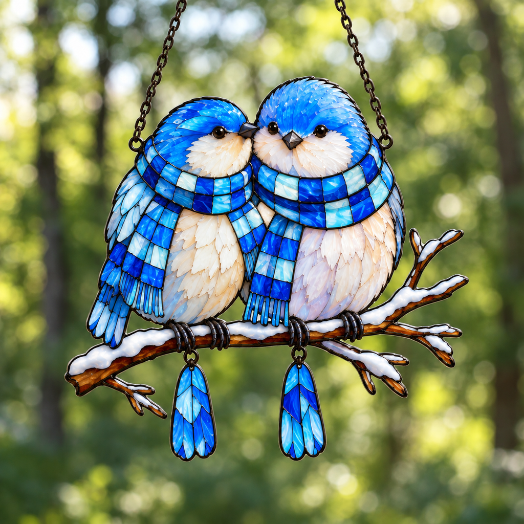 Bluebird Couple in Plaid Scarves on a Snowy Branch Holographic Acrylic Suncatcher