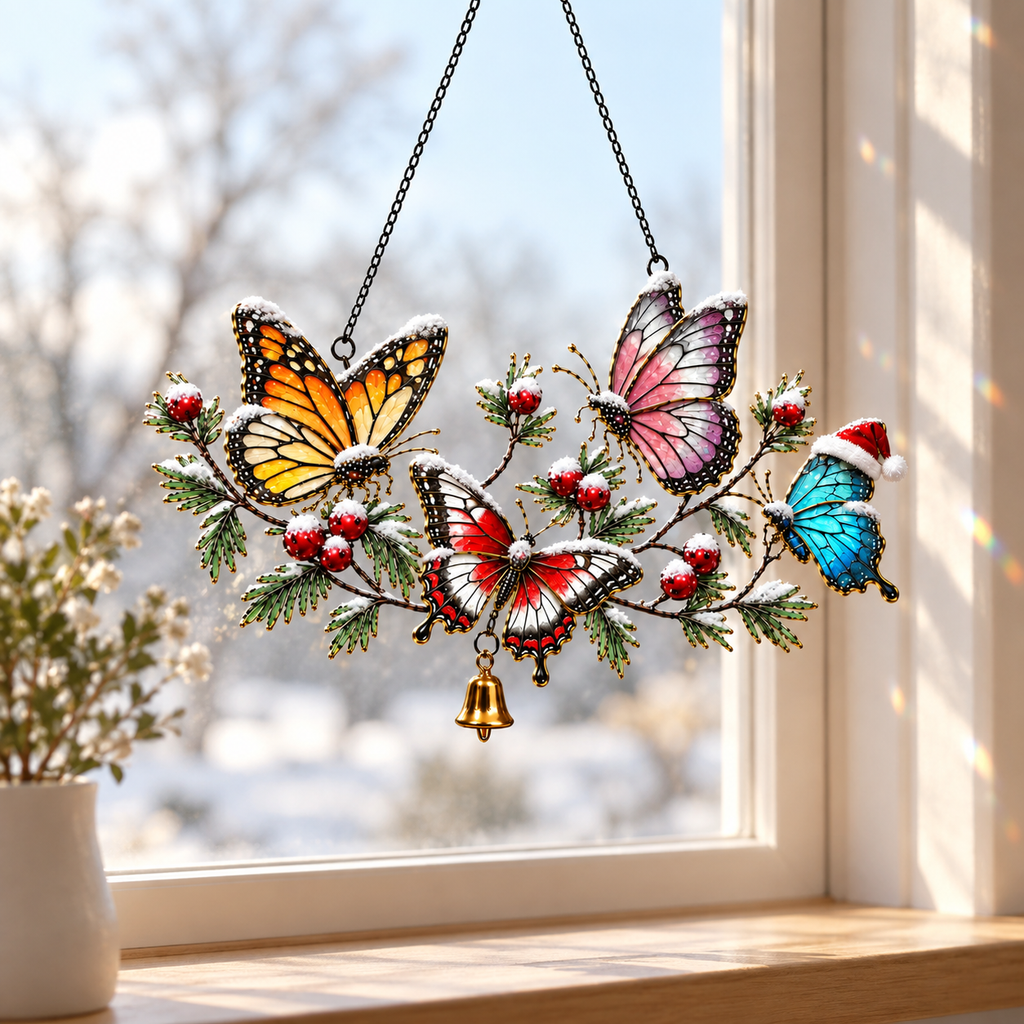 Winter Butterflies on Snowy Pine Branch Holographic Acrylic Suncatcher