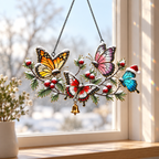 Winter Butterflies on Snowy Pine Branch Holographic Acrylic Suncatcher