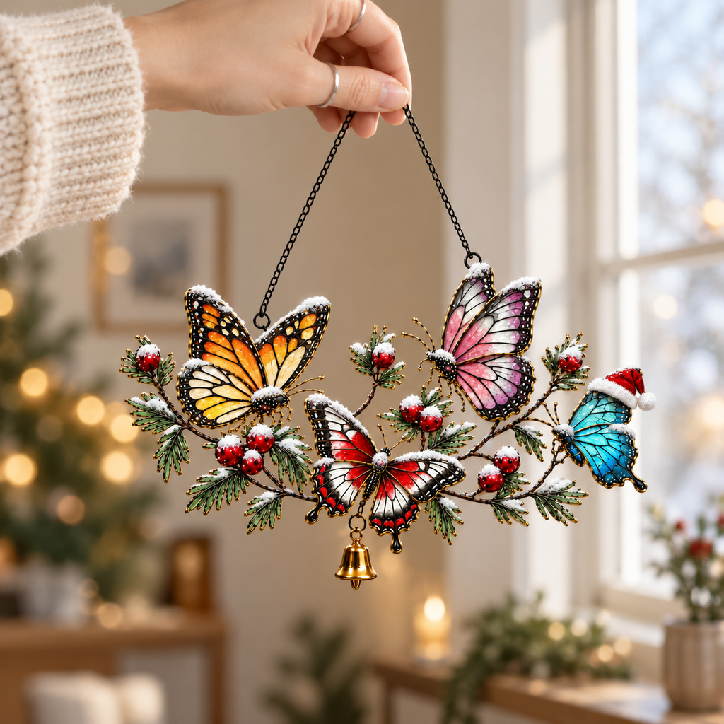 Winter Butterflies on Snowy Pine Branch Holographic Acrylic Suncatcher