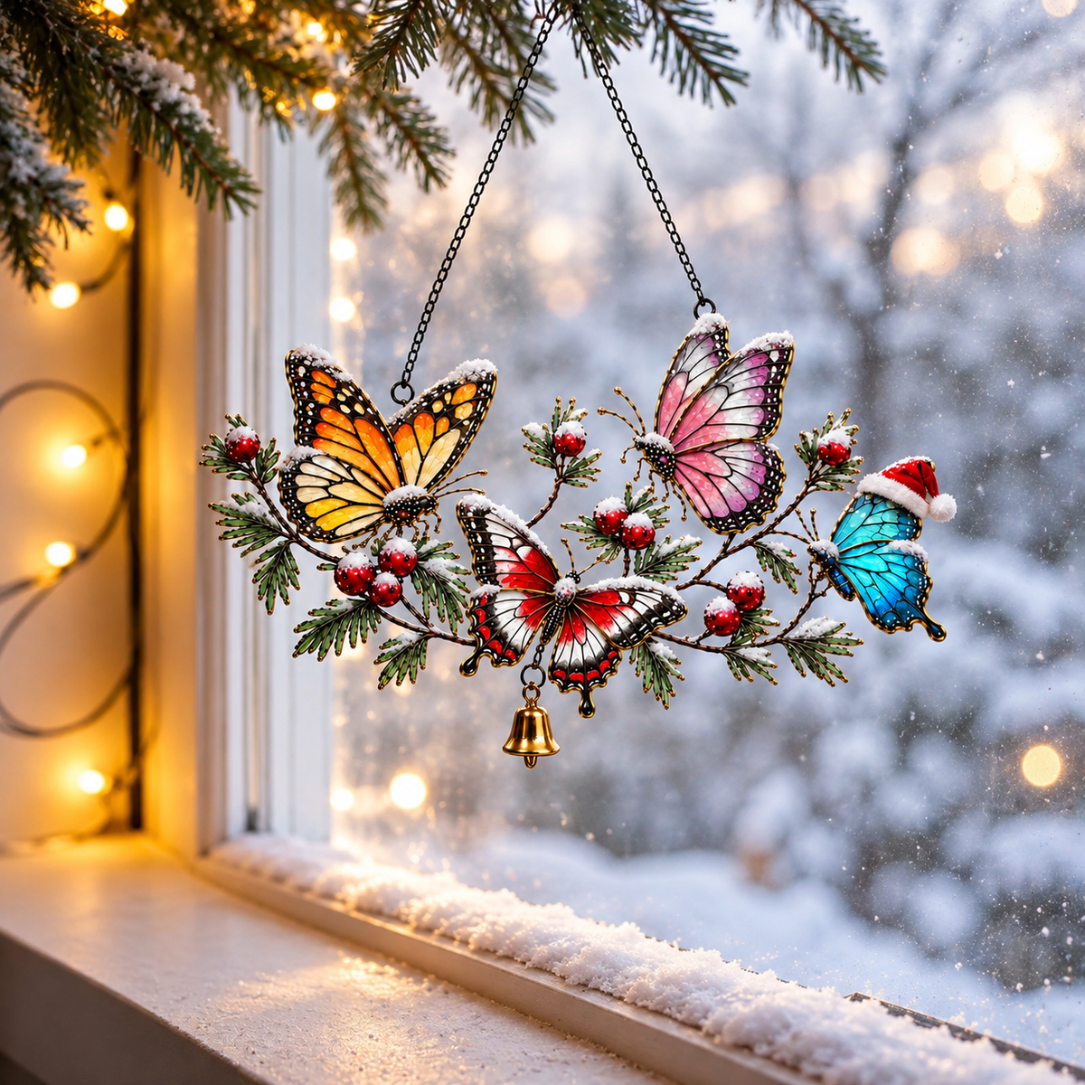 Winter Butterflies on Snowy Pine Branch Holographic Acrylic Suncatcher
