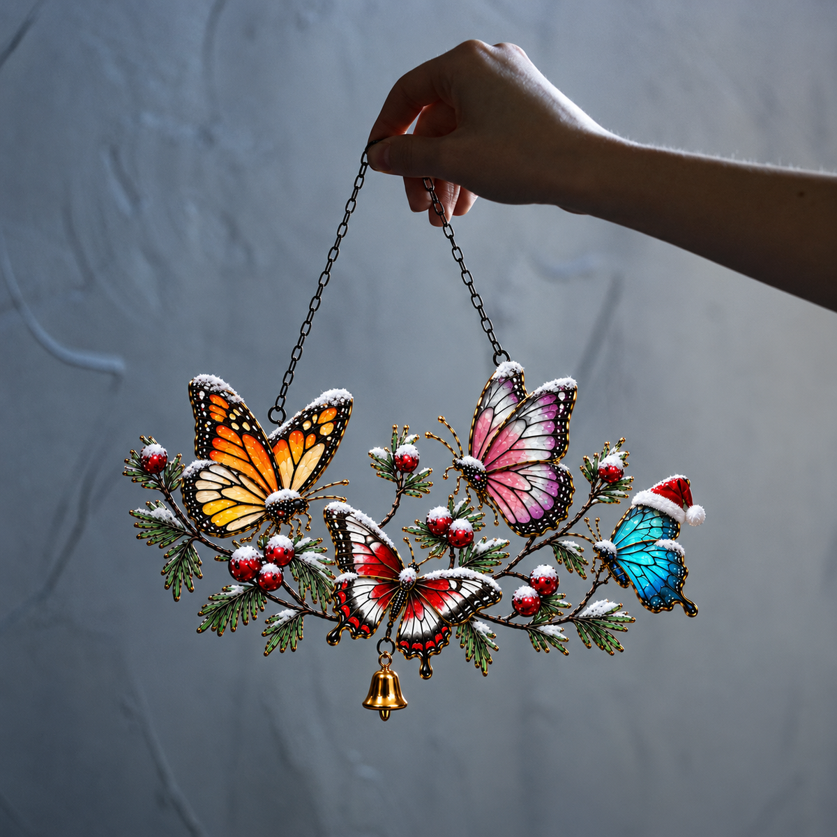 Winter Butterflies on Snowy Pine Branch Holographic Acrylic Suncatcher