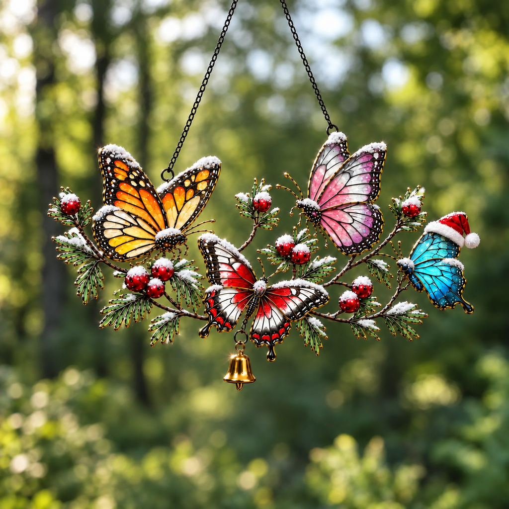 Winter Butterflies on Snowy Pine Branch Holographic Acrylic Suncatcher
