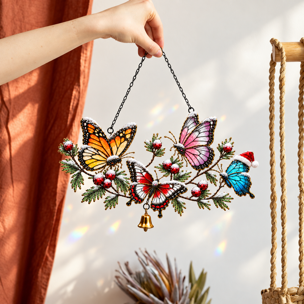 Winter Butterflies on Snowy Pine Branch Holographic Acrylic Suncatcher