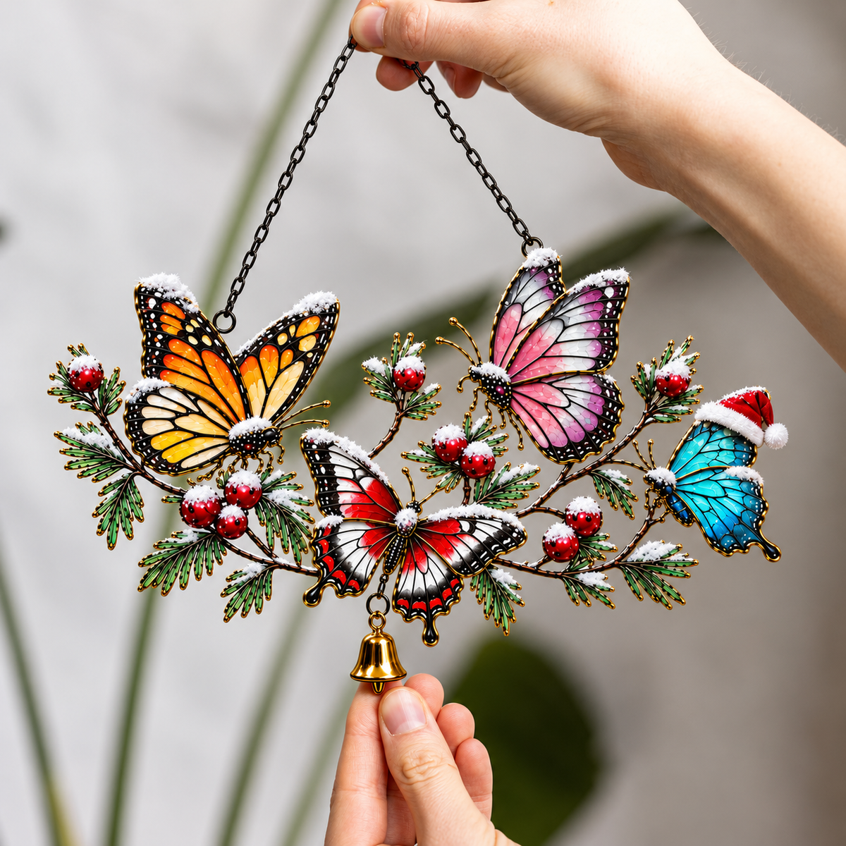Winter Butterflies on Snowy Pine Branch Holographic Acrylic Suncatcher