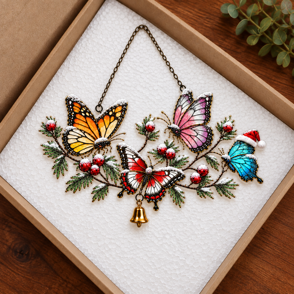 Winter Butterflies on Snowy Pine Branch Holographic Acrylic Suncatcher