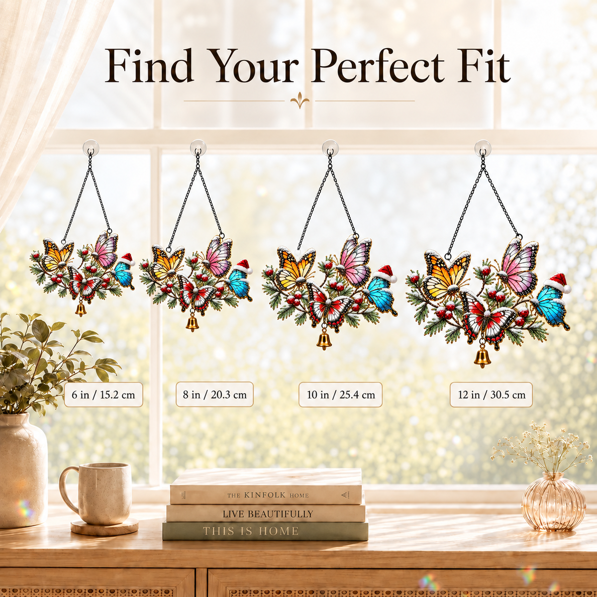 Winter Butterflies on Snowy Pine Branch Holographic Acrylic Suncatcher