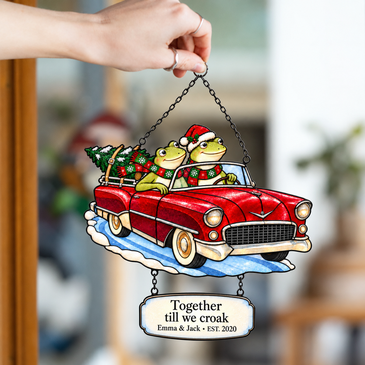 Personalized Frog Couple Christmas Car Holographic Acrylic Suncatcher — Together Till We Croak