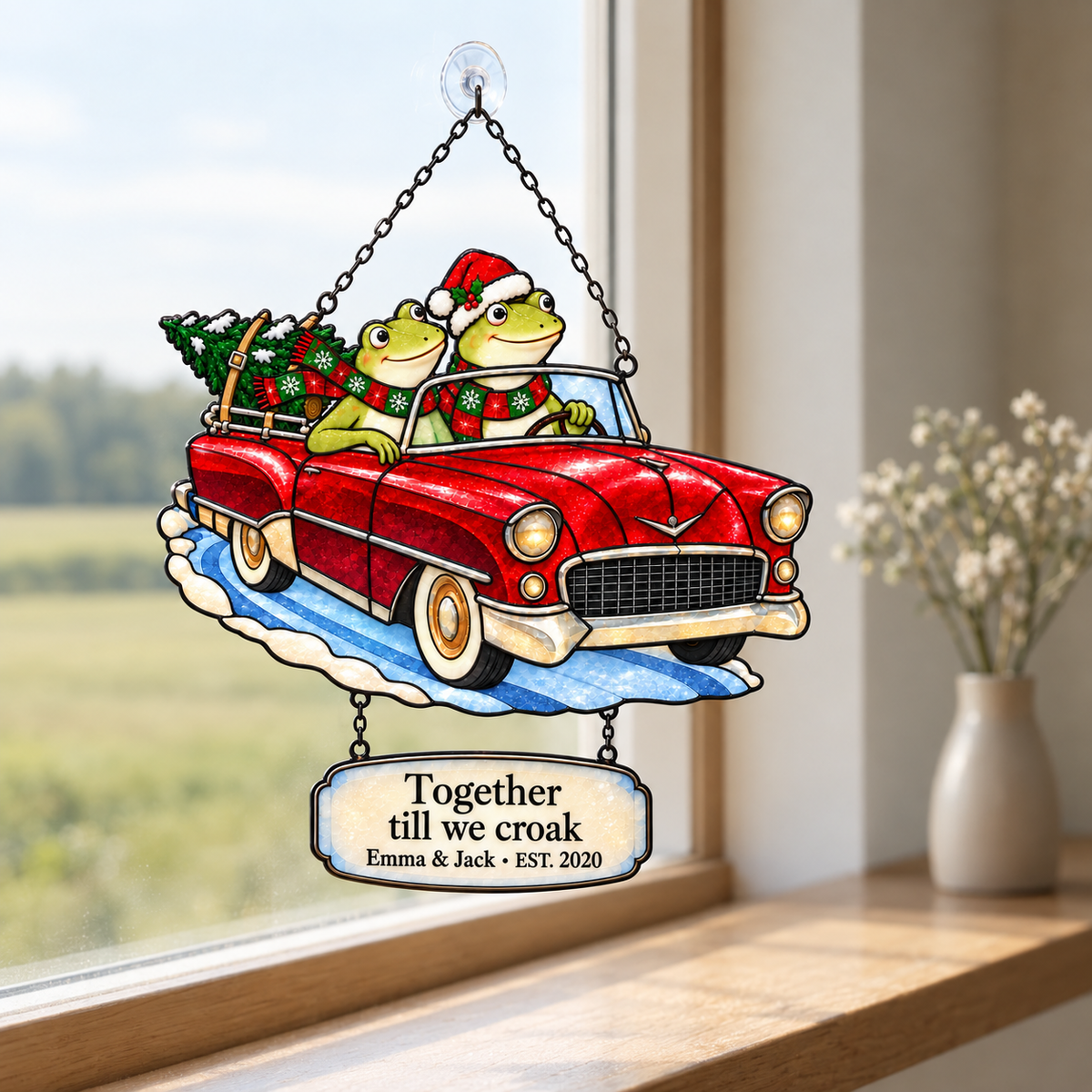Personalized Frog Couple Christmas Car Holographic Acrylic Suncatcher — Together Till We Croak