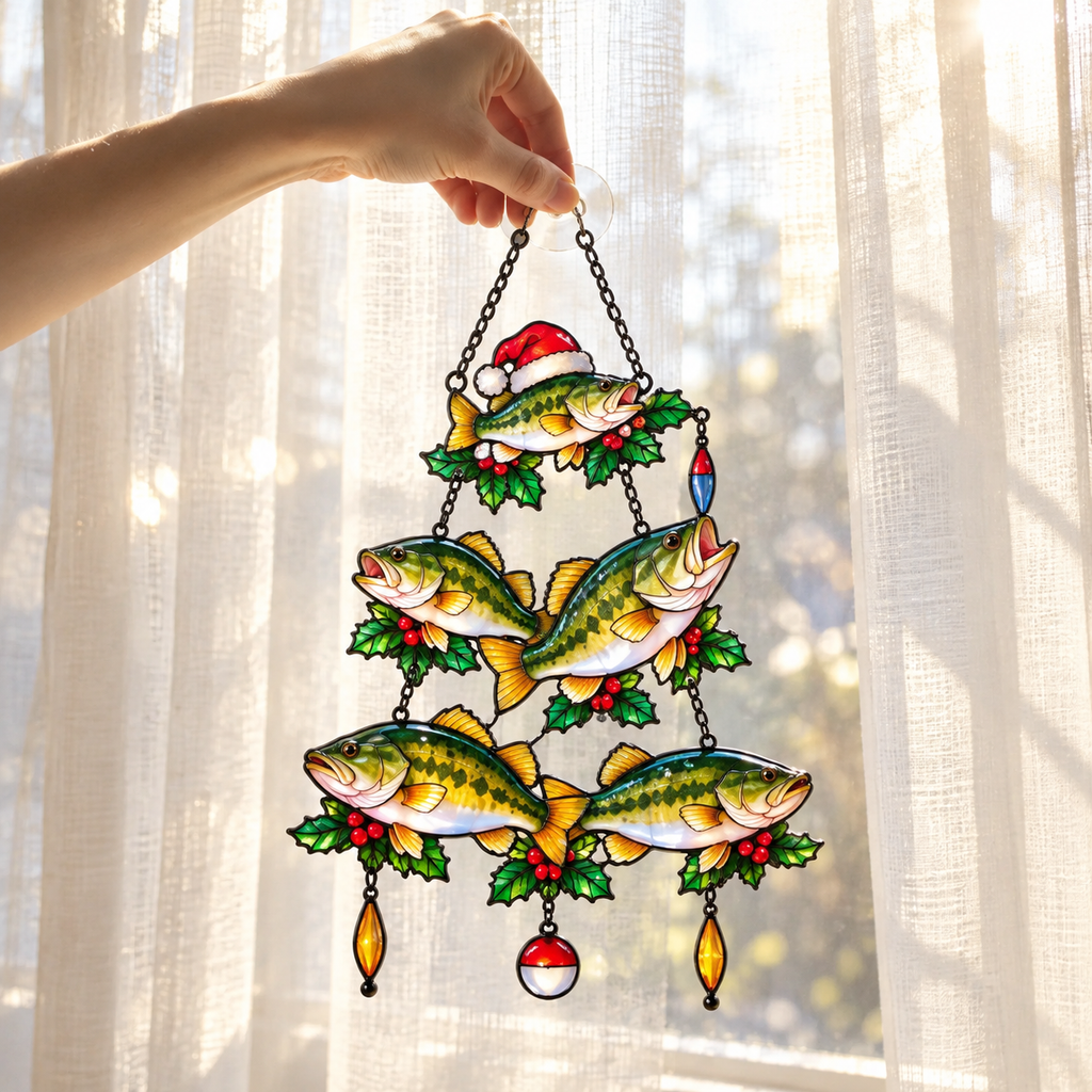 Bass Fish Christmas Tree Holographic Acrylic Suncatcher