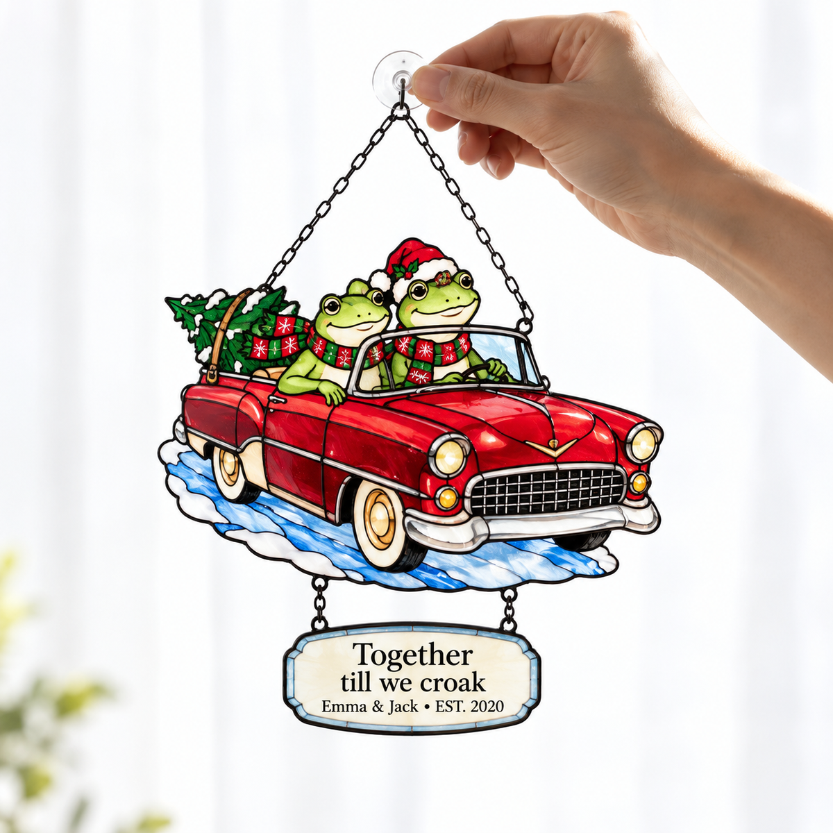 Personalized Frog Couple Christmas Car Holographic Acrylic Suncatcher — Together Till We Croak