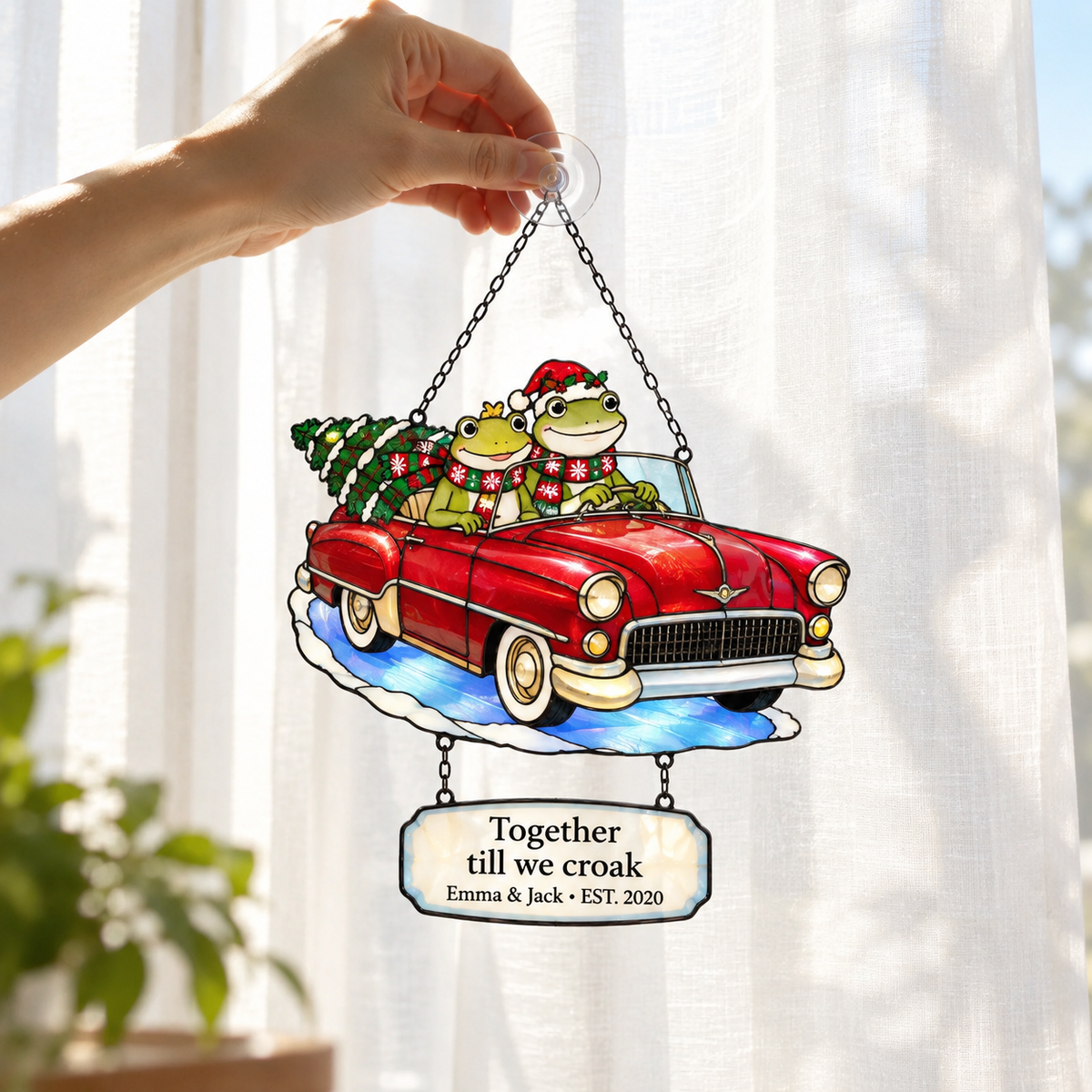 Personalized Frog Couple Christmas Car Holographic Acrylic Suncatcher — Together Till We Croak