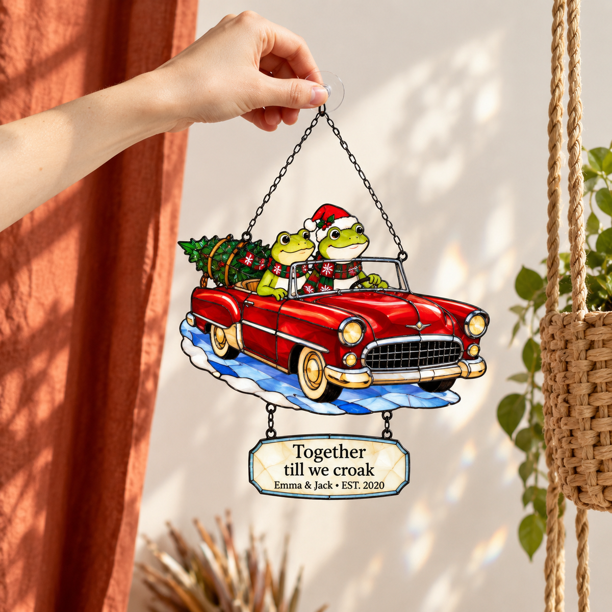 Personalized Frog Couple Christmas Car Holographic Acrylic Suncatcher — Together Till We Croak