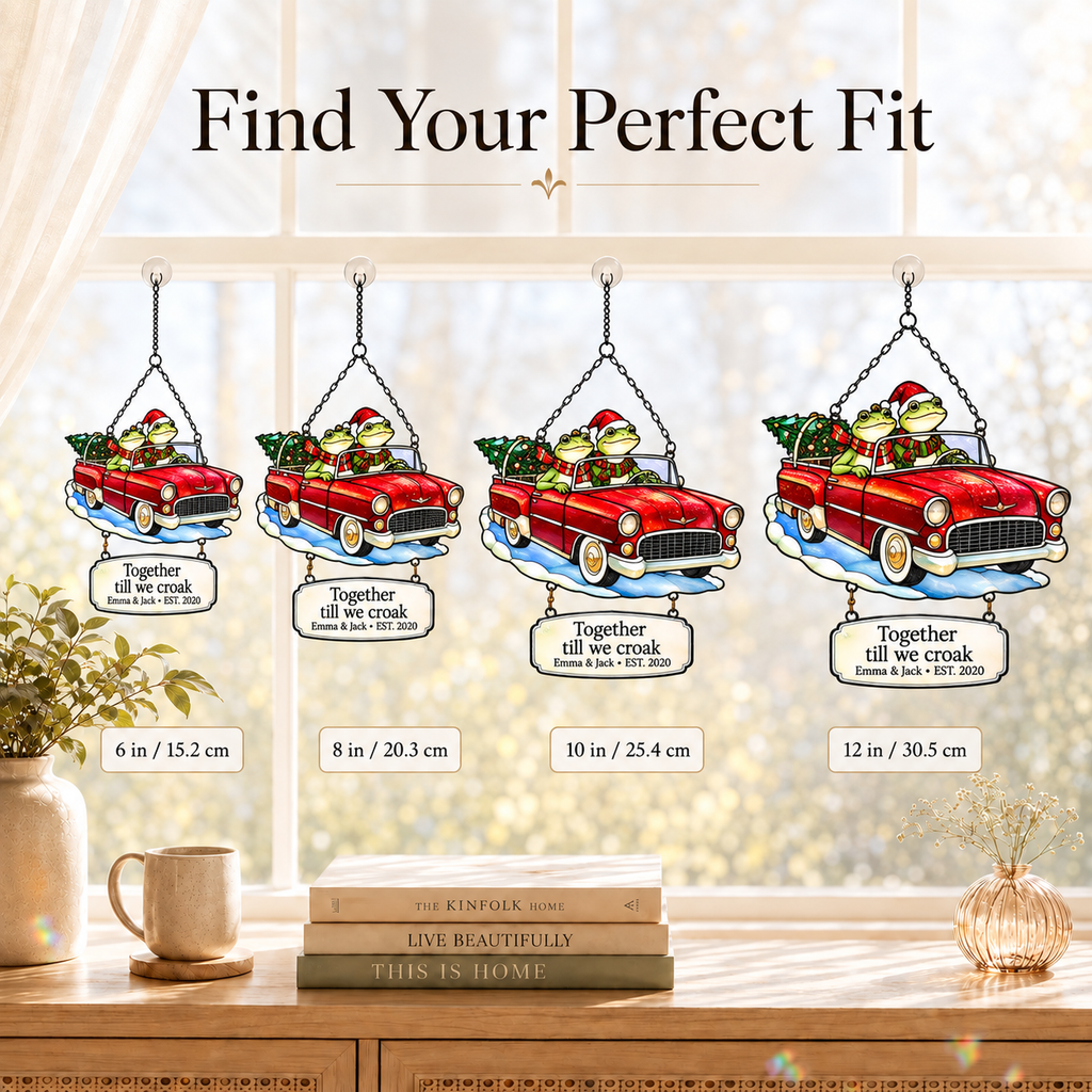 Personalized Frog Couple Christmas Car Holographic Acrylic Suncatcher — Together Till We Croak