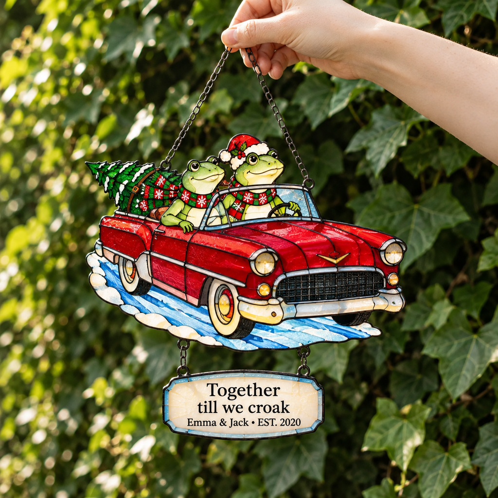 Personalized Frog Couple Christmas Car Holographic Acrylic Suncatcher — Together Till We Croak