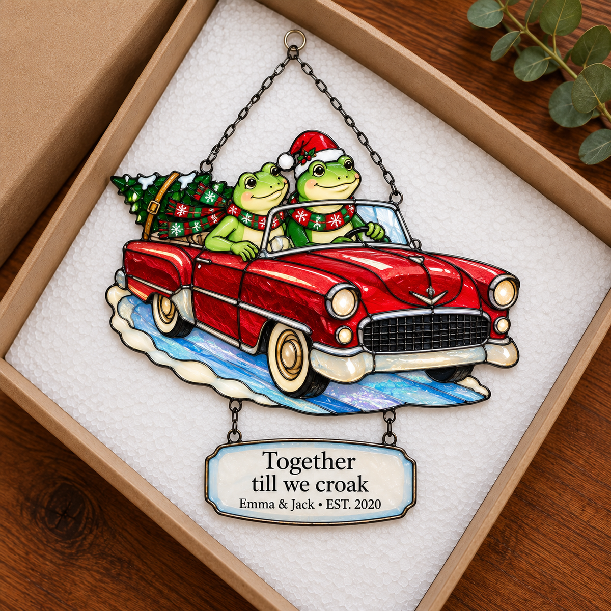 Personalized Frog Couple Christmas Car Holographic Acrylic Suncatcher — Together Till We Croak