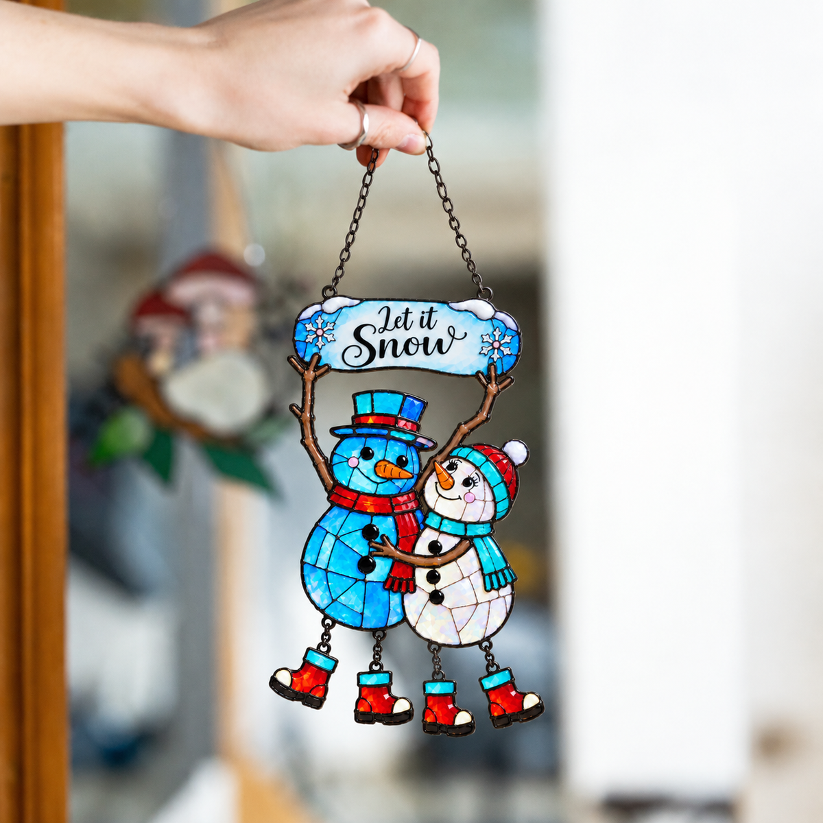 Let It Snow Snowman Couple Holographic Acrylic Suncatcher
