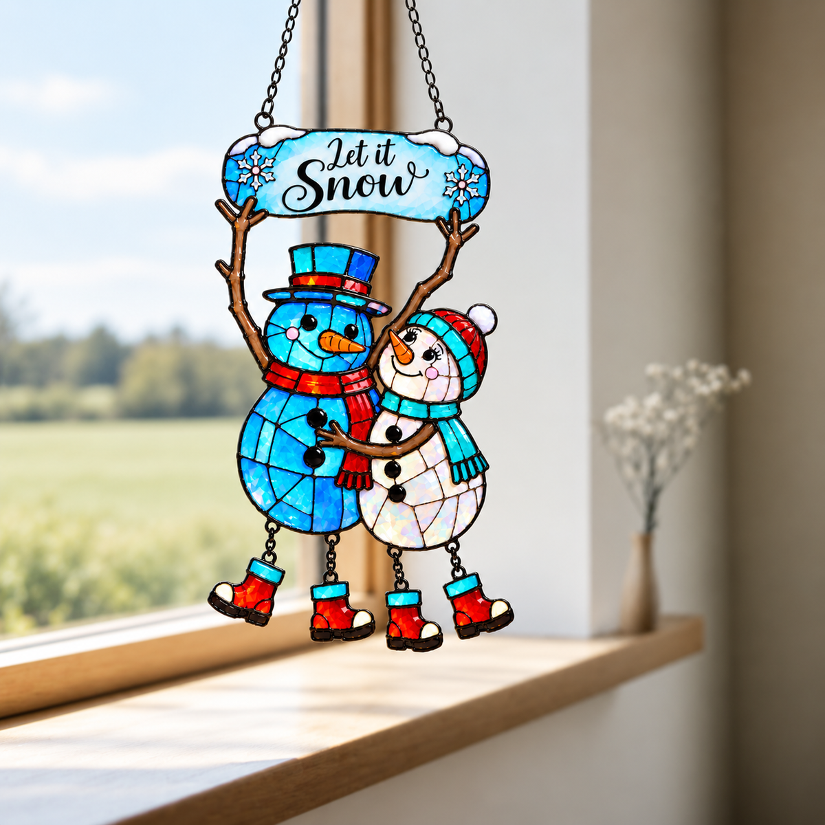 Let It Snow Snowman Couple Holographic Acrylic Suncatcher