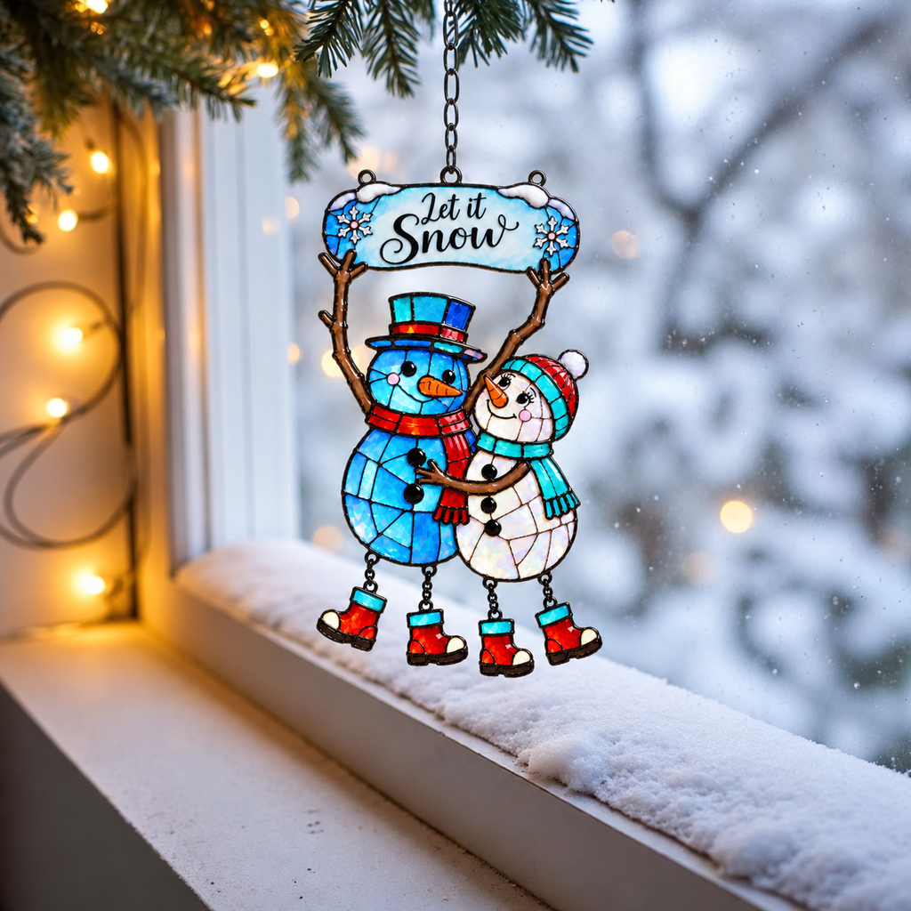 Let It Snow Snowman Couple Holographic Acrylic Suncatcher