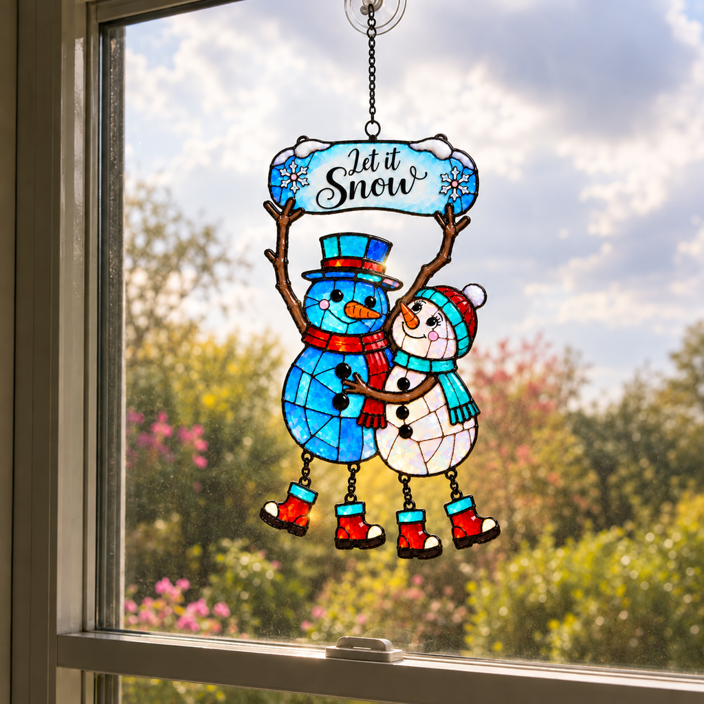 Let It Snow Snowman Couple Holographic Acrylic Suncatcher