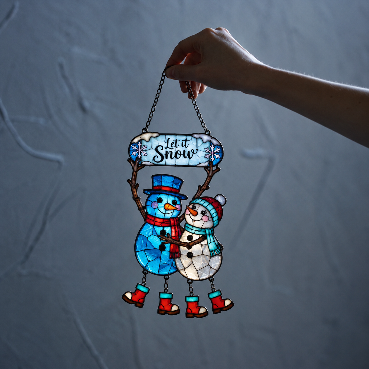 Let It Snow Snowman Couple Holographic Acrylic Suncatcher