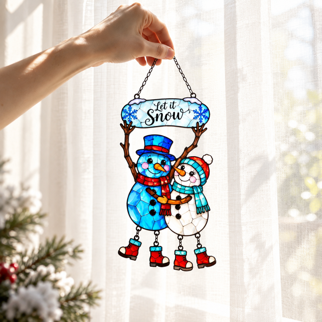 Let It Snow Snowman Couple Holographic Acrylic Suncatcher