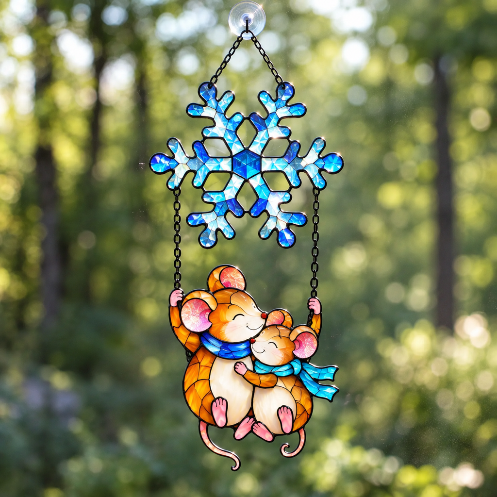 Mouse Couple Swinging under a Snowflake Holographic Acrylic Suncatcher