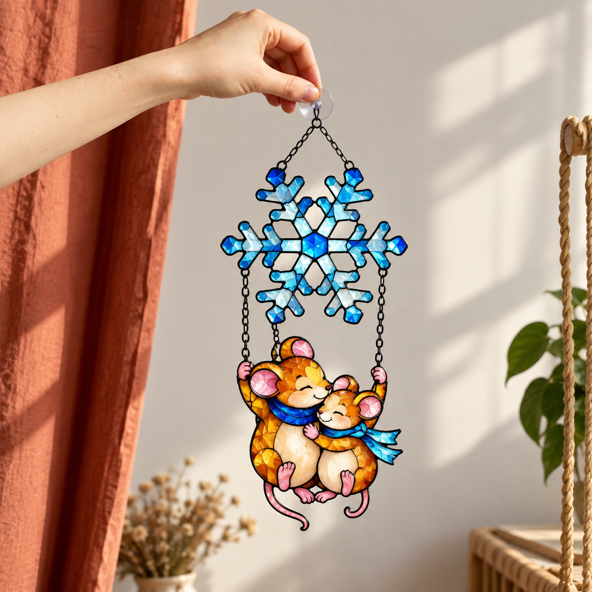 Mouse Couple Swinging under a Snowflake Holographic Acrylic Suncatcher