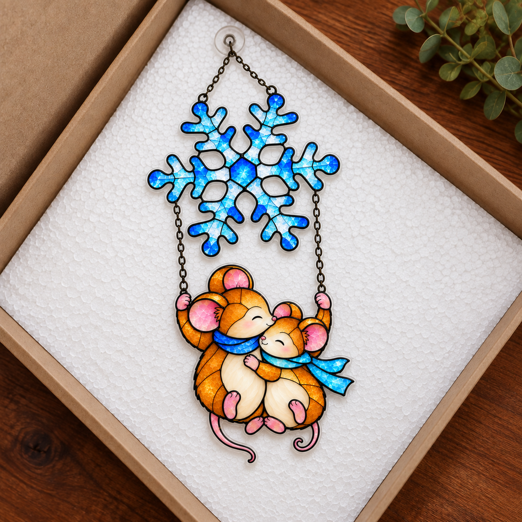 Mouse Couple Swinging under a Snowflake Holographic Acrylic Suncatcher