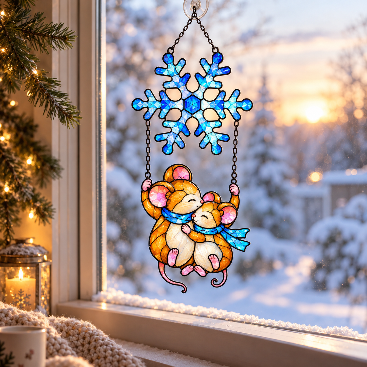 Mouse Couple Swinging under a Snowflake Holographic Acrylic Suncatcher