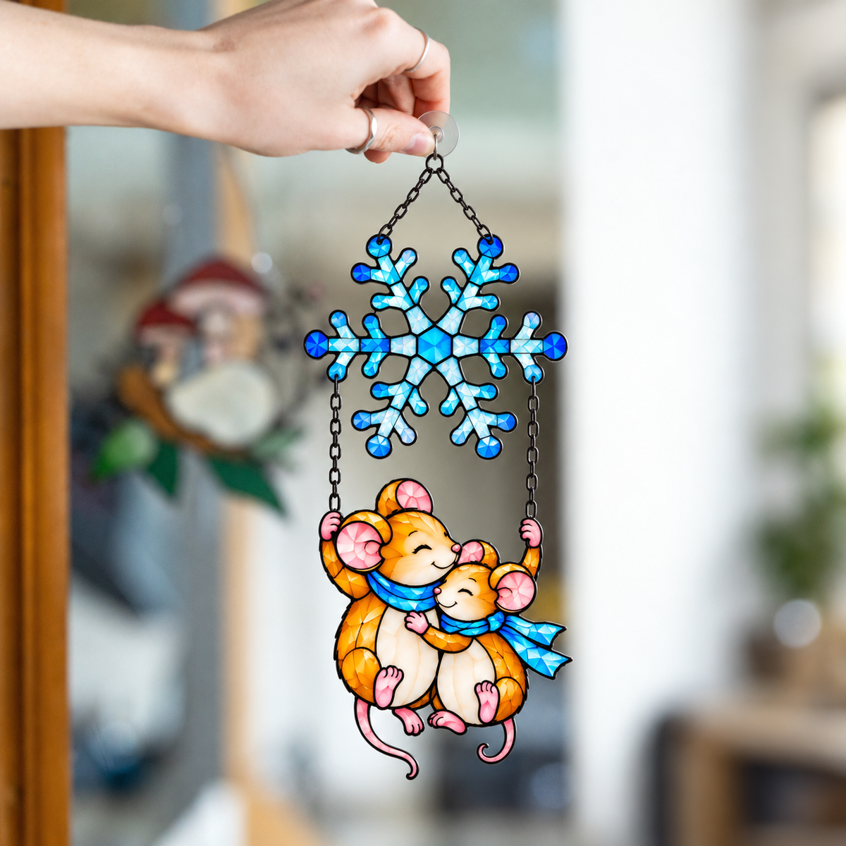 Mouse Couple Swinging under a Snowflake Holographic Acrylic Suncatcher