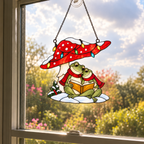 Frog Couple Reading under a Christmas Mushroom Holographic Acrylic Suncatcher