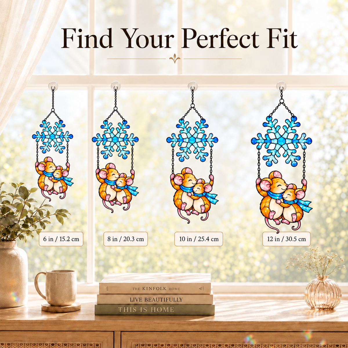Mouse Couple Swinging under a Snowflake Holographic Acrylic Suncatcher