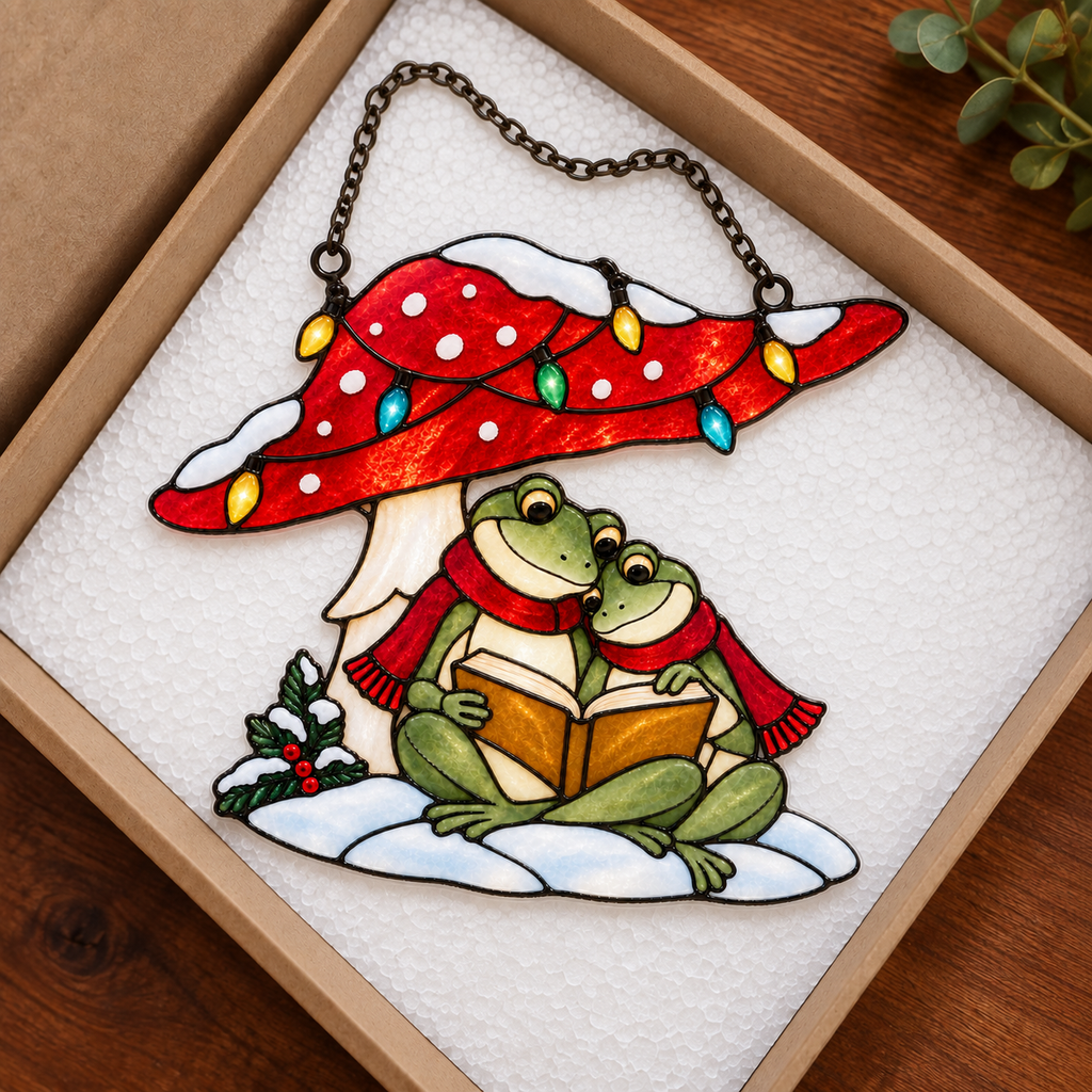 Frog Couple Reading under a Christmas Mushroom Holographic Acrylic Suncatcher