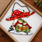 Frog Couple Reading under a Christmas Mushroom Holographic Acrylic Suncatcher
