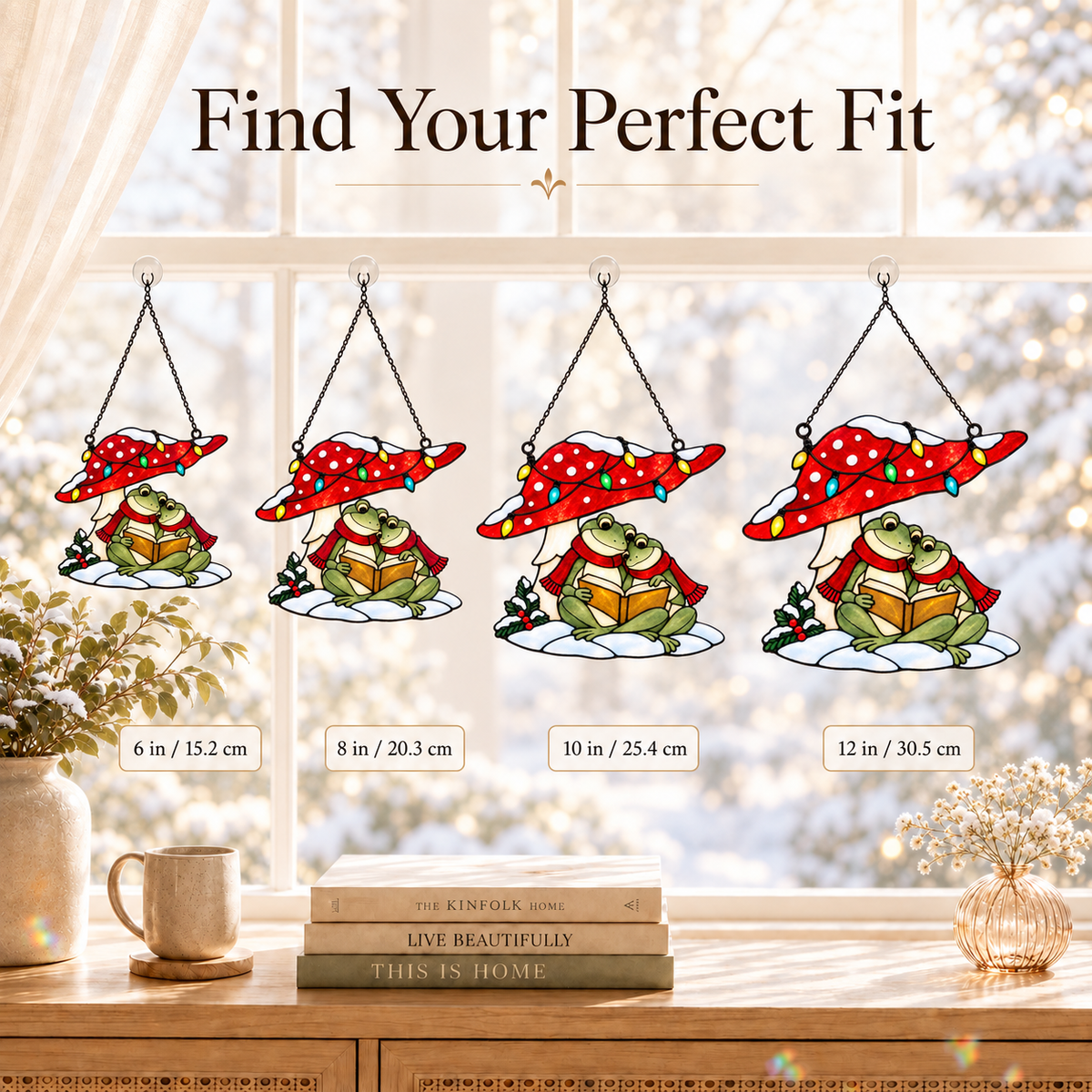 Frog Couple Reading under a Christmas Mushroom Holographic Acrylic Suncatcher