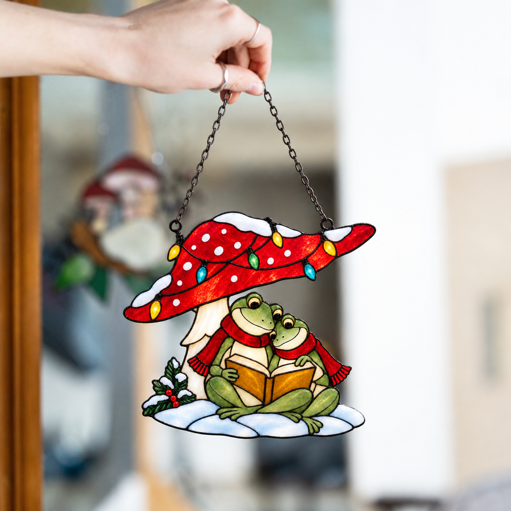 Frog Couple Reading under a Christmas Mushroom Holographic Acrylic Suncatcher
