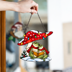Frog Couple Reading under a Christmas Mushroom Holographic Acrylic Suncatcher