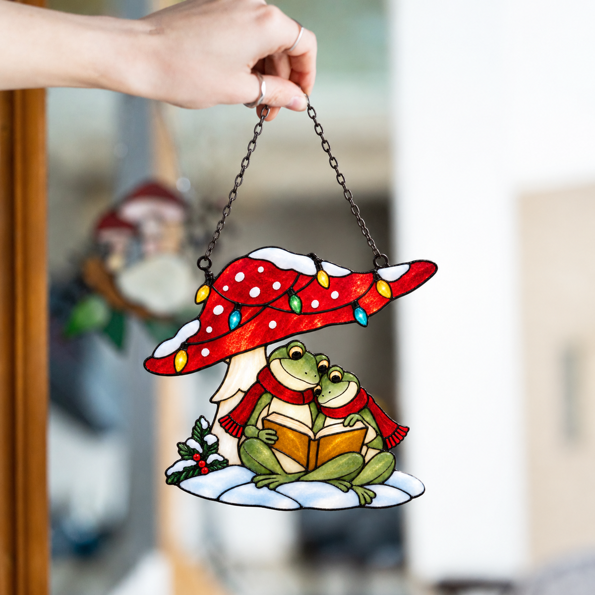 Frog Couple Reading under a Christmas Mushroom Holographic Acrylic Suncatcher