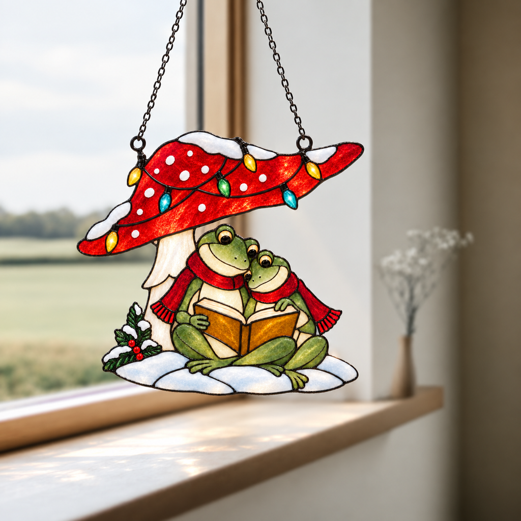 Frog Couple Reading under a Christmas Mushroom Holographic Acrylic Suncatcher