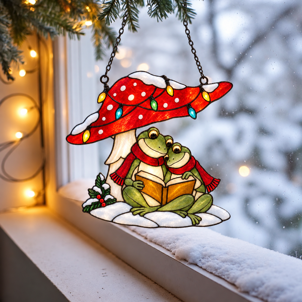 Frog Couple Reading under a Christmas Mushroom Holographic Acrylic Suncatcher