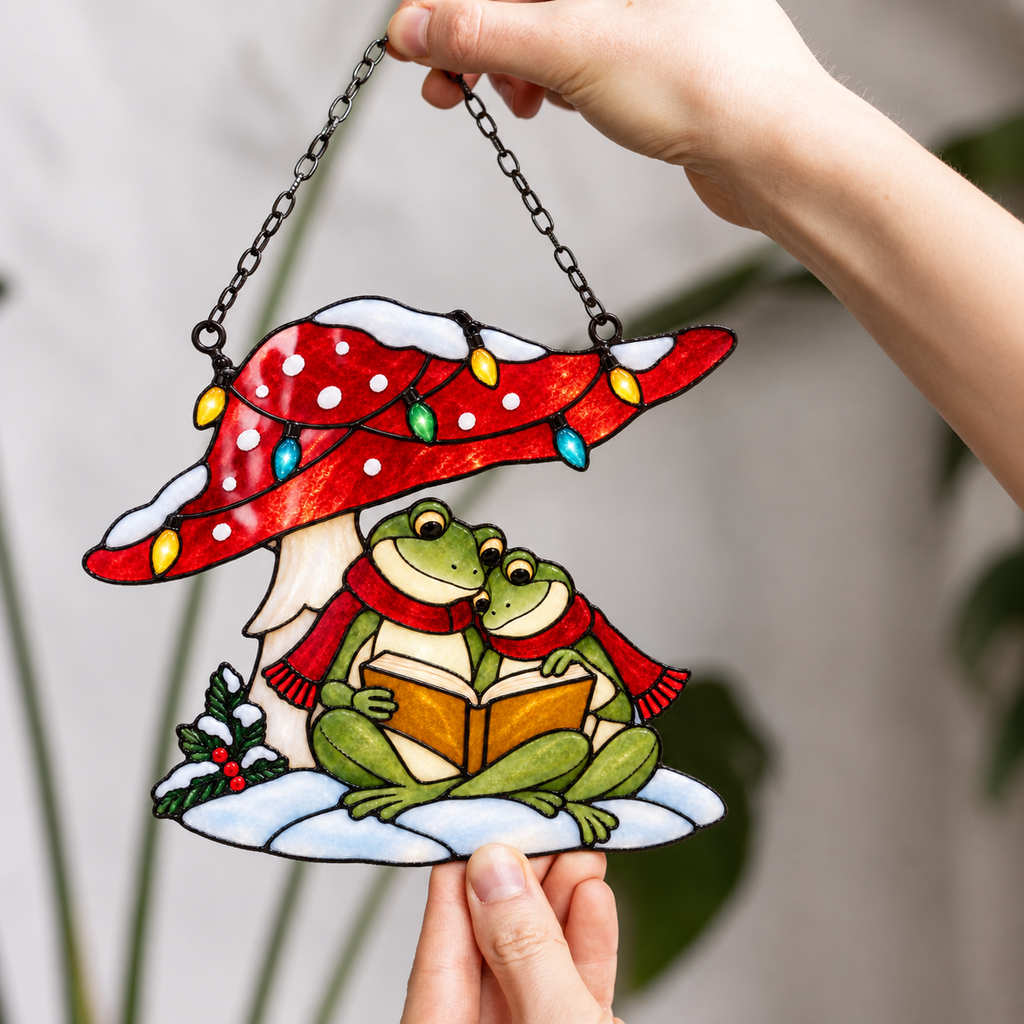 Frog Couple Reading under a Christmas Mushroom Holographic Acrylic Suncatcher