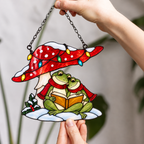 Frog Couple Reading under a Christmas Mushroom Holographic Acrylic Suncatcher