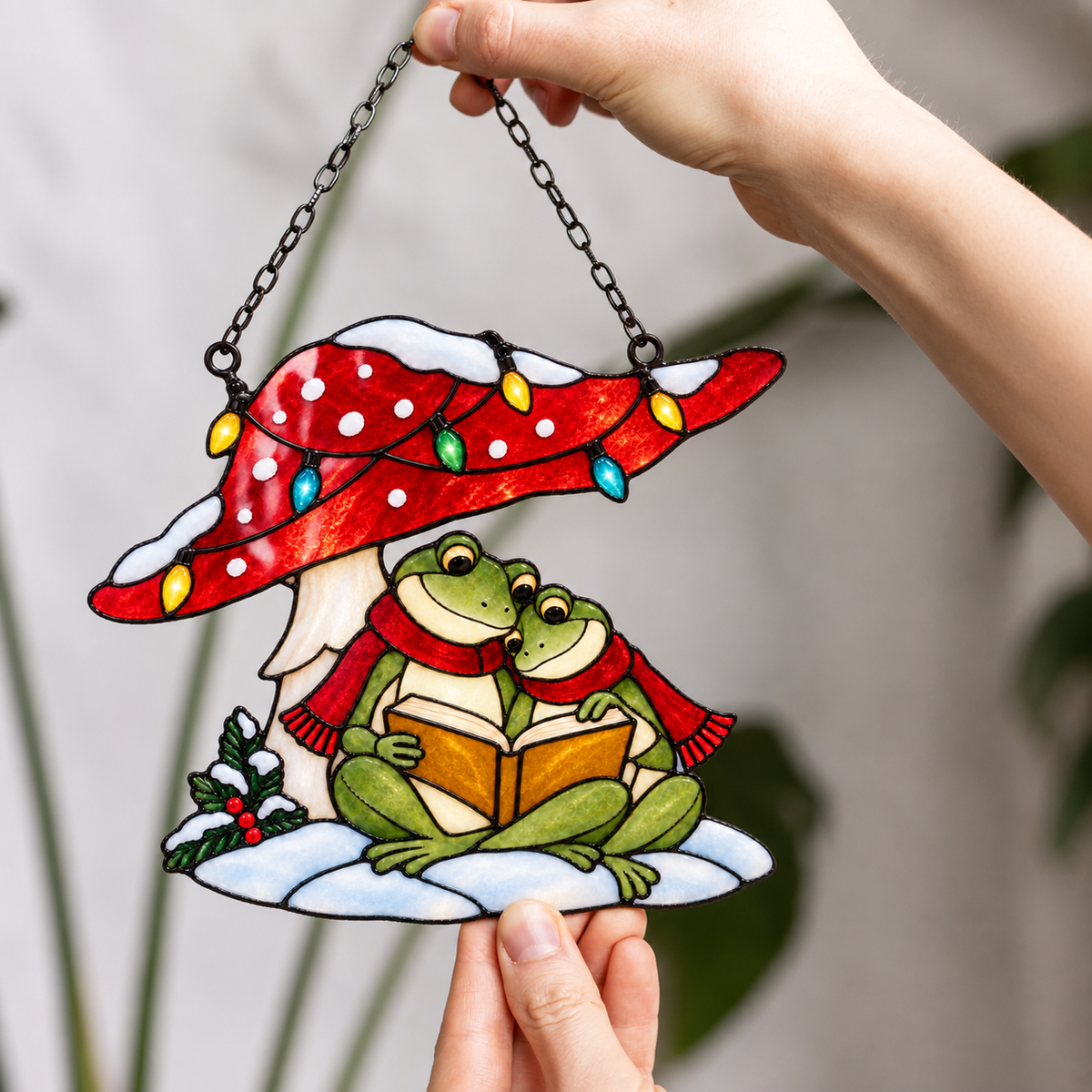 Frog Couple Reading under a Christmas Mushroom Holographic Acrylic Suncatcher