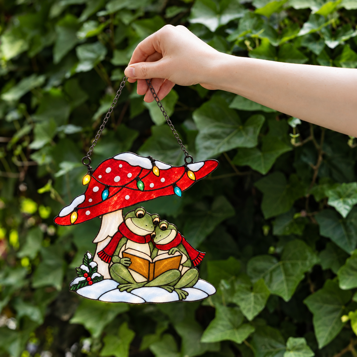 Frog Couple Reading under a Christmas Mushroom Holographic Acrylic Suncatcher