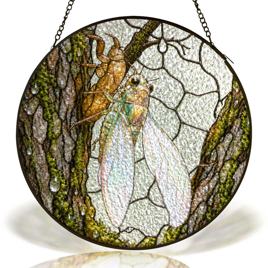 Cicada on mossy bark stained glass suncatcher