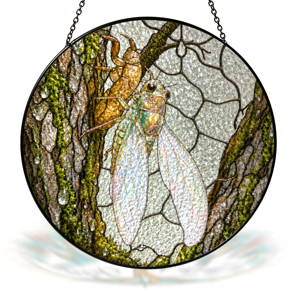 Cicada on Mossy Bark Stained Glass Suncatcher