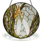 Cicada on Mossy Bark Stained Glass Suncatcher